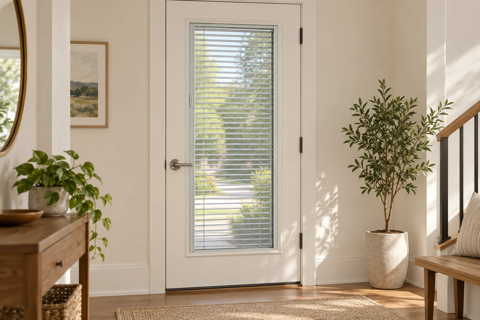 White hinged door with horizontal enclosed blinds in a tall glass panel beside indoor plants.