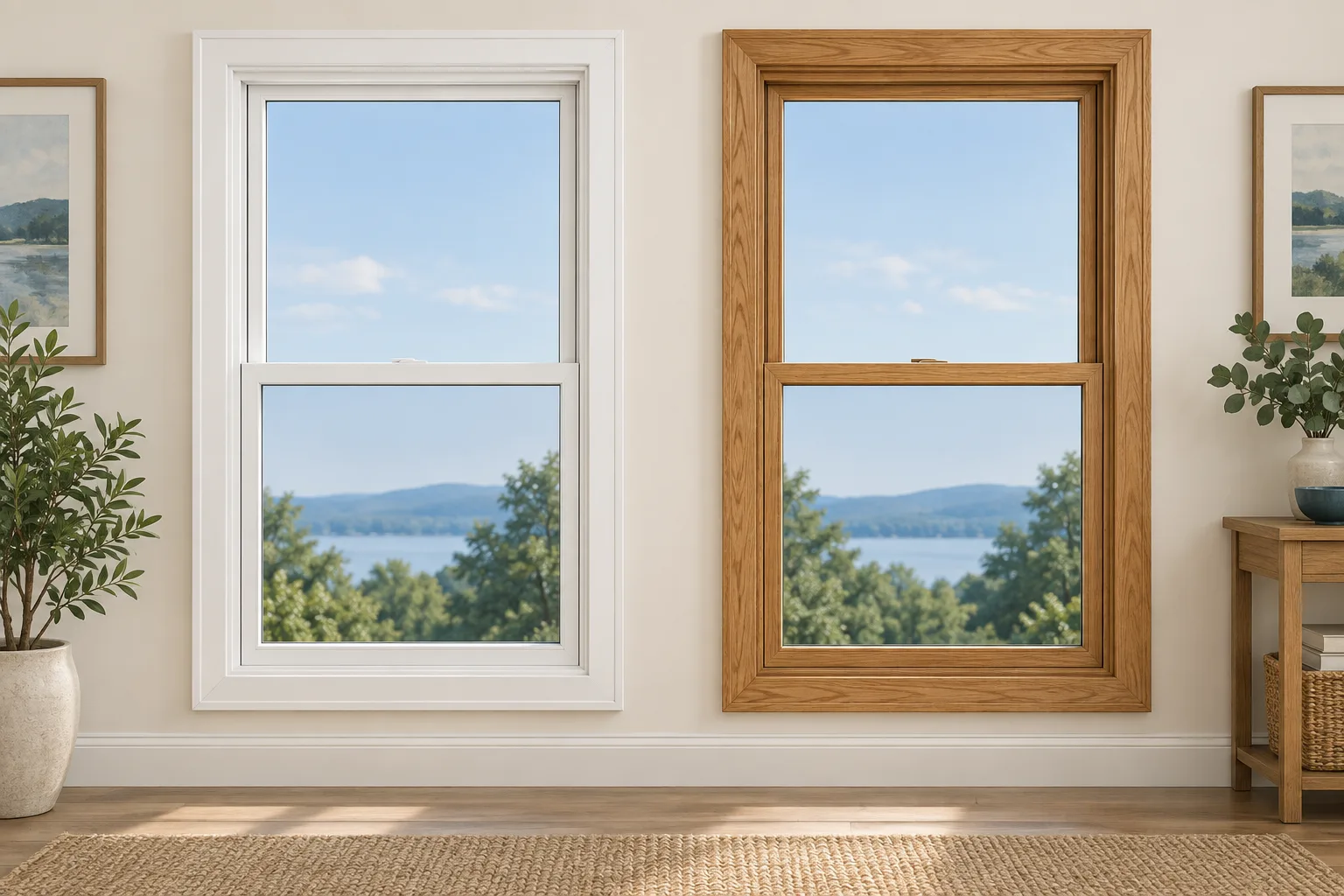 Two matching window illustrations compare a smooth white frame with a natural wood frame.