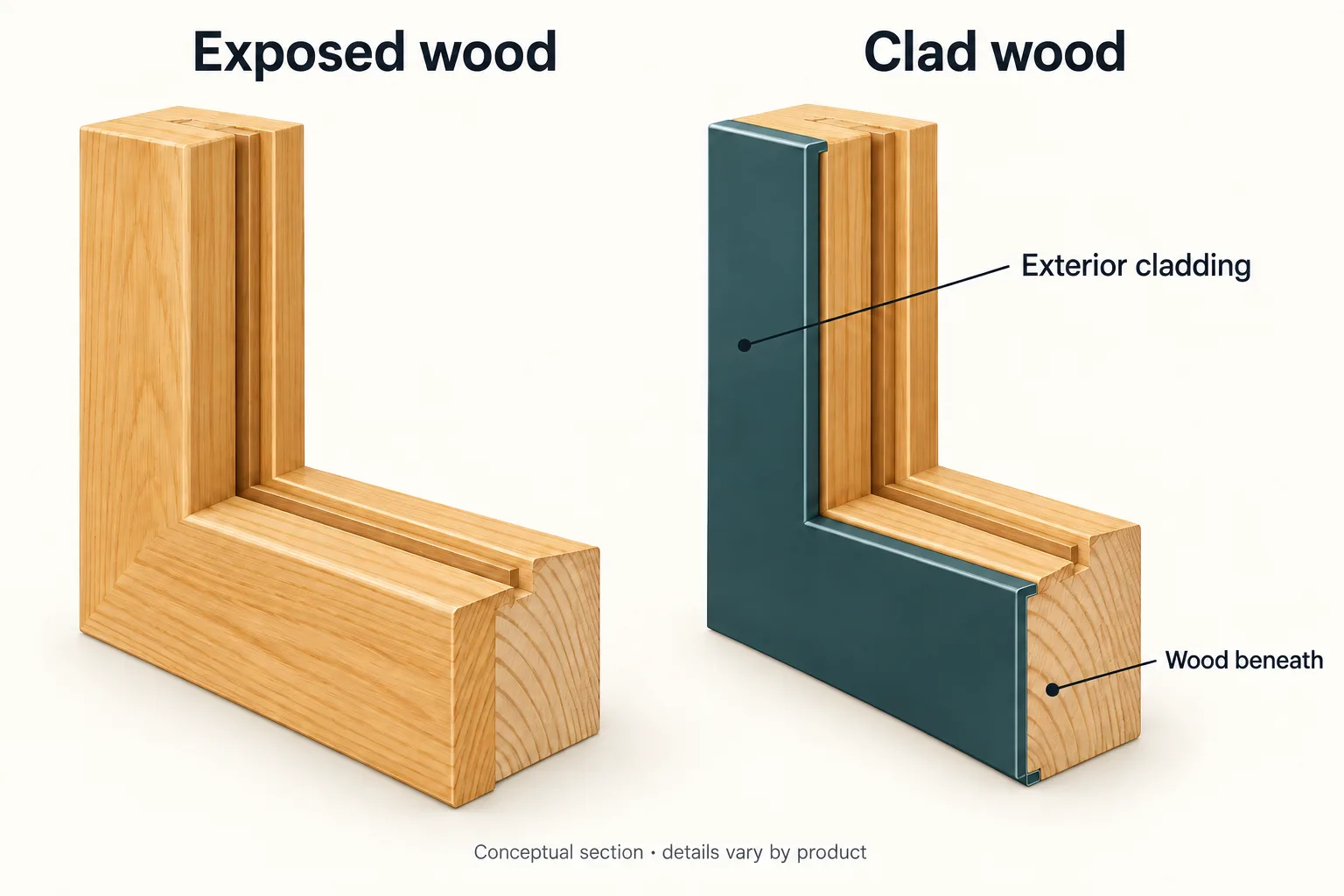 Exposed and clad wood frame samples show an exterior cap over wood in the clad sample.