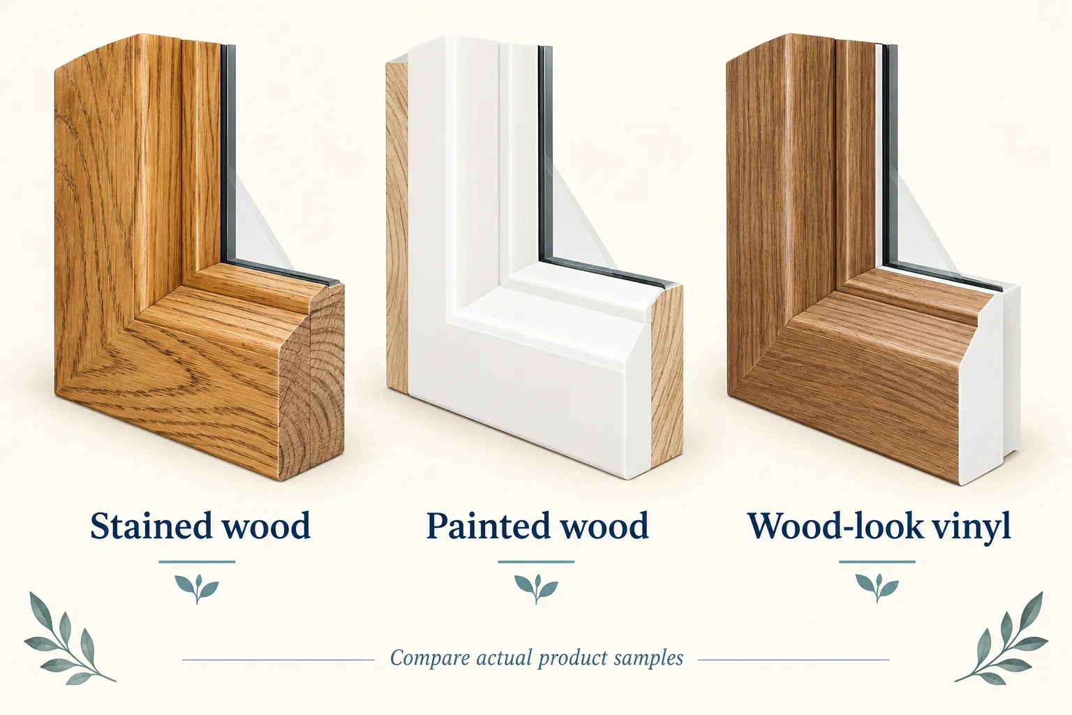 Three frame samples show stained wood, painted wood and wood-look vinyl with different exposed edges.