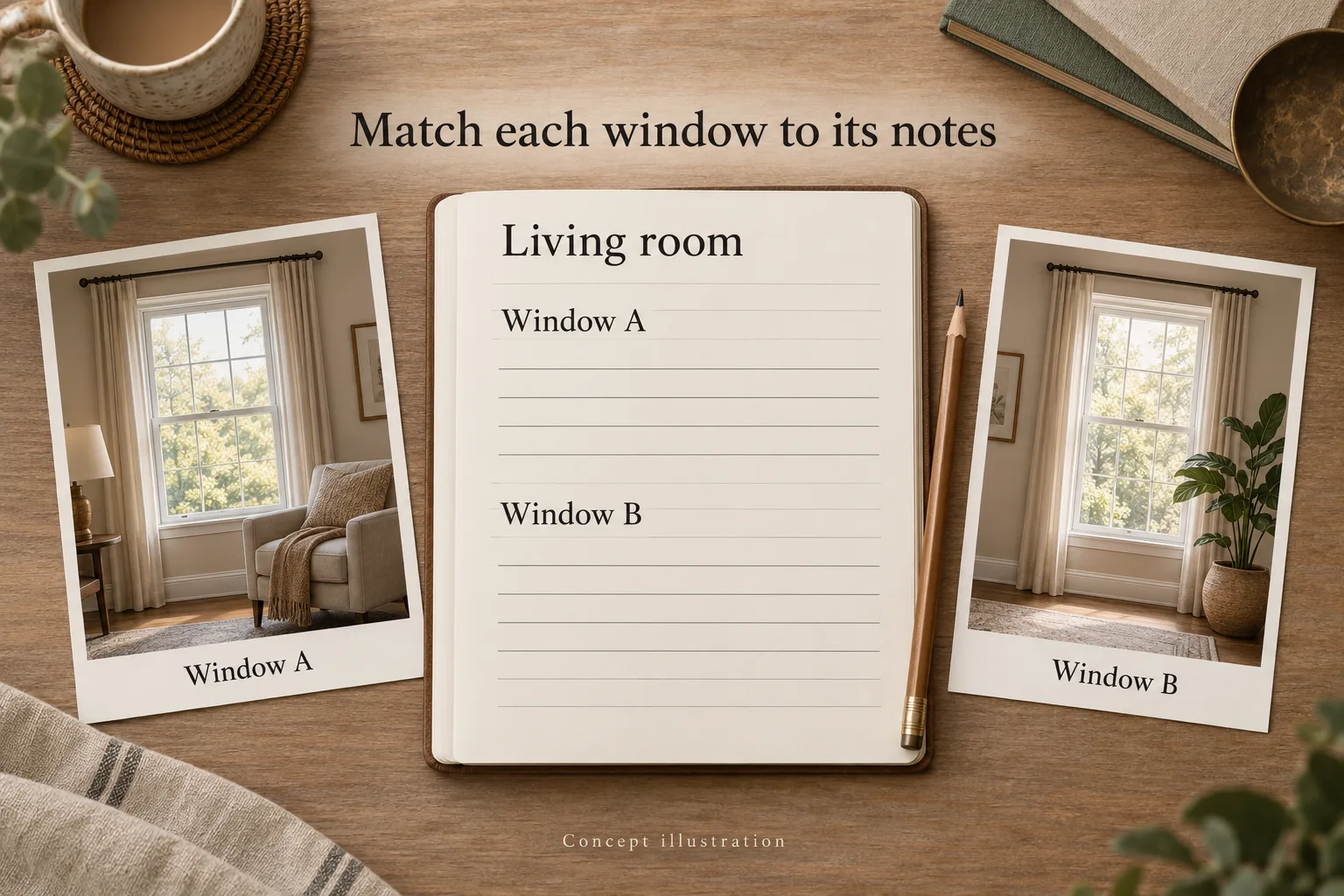 Living room notebook with Window A and Window B entries matched to two labeled window photo illustrations.