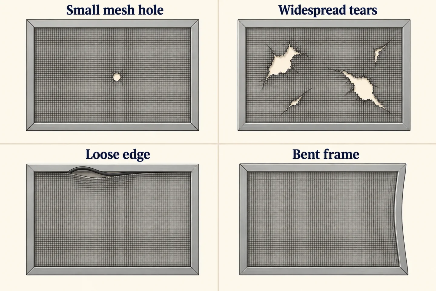 Four screen examples show a small hole, widespread tears, a loose edge and a bent frame.
