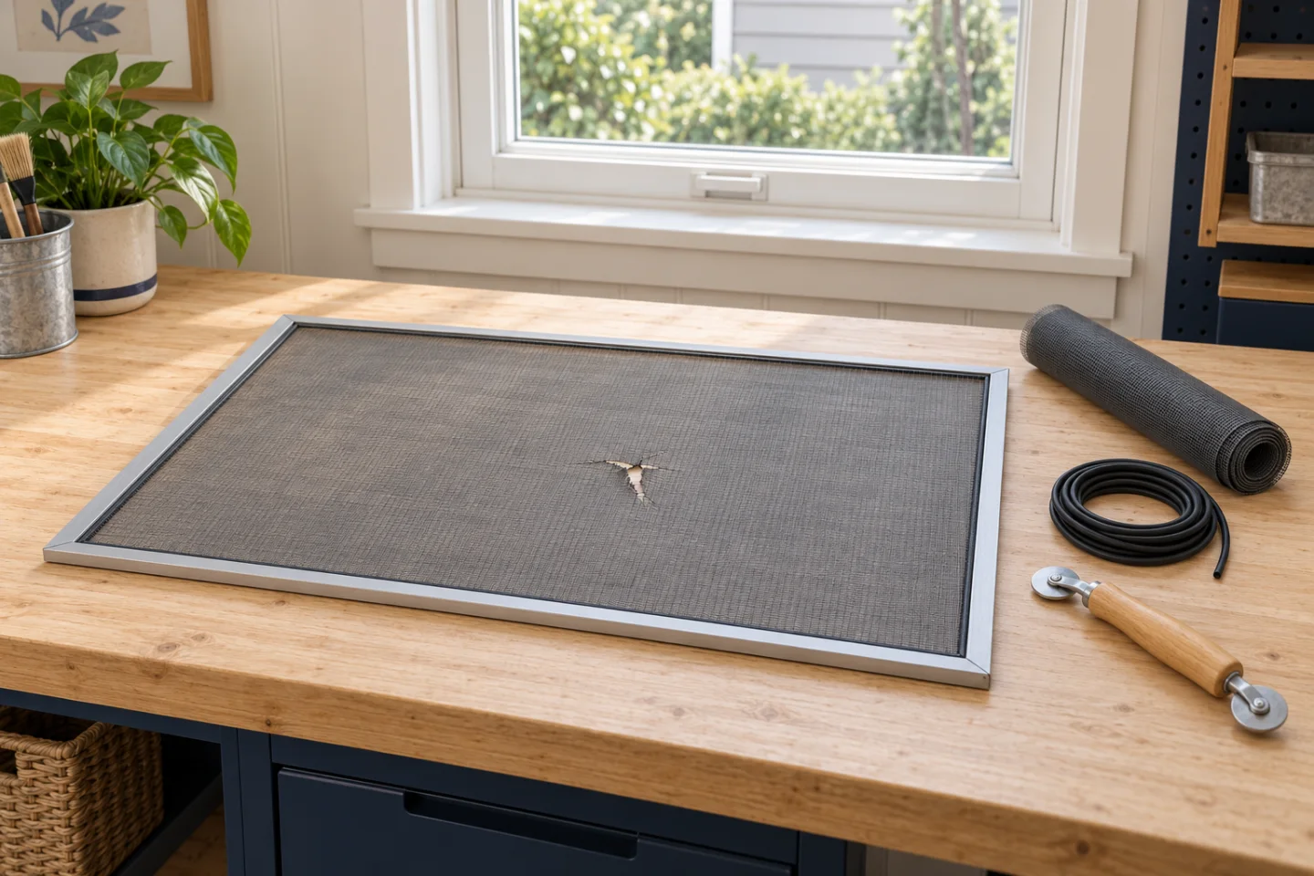 A torn removable window screen lies on a workbench beside mesh, spline and a roller.