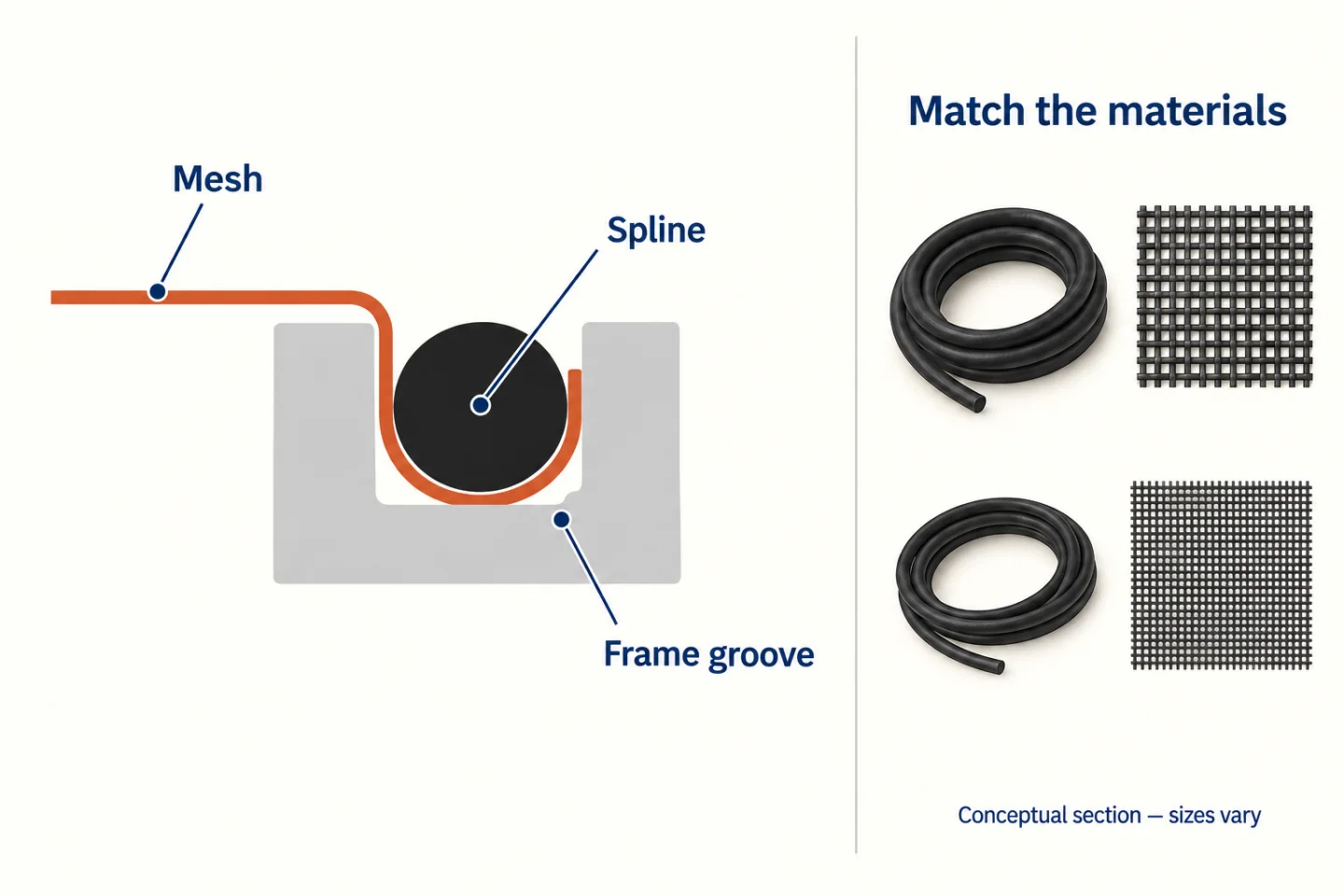 Conceptual cross section shows mesh around spline in a frame groove beside two cord and mesh examples.
