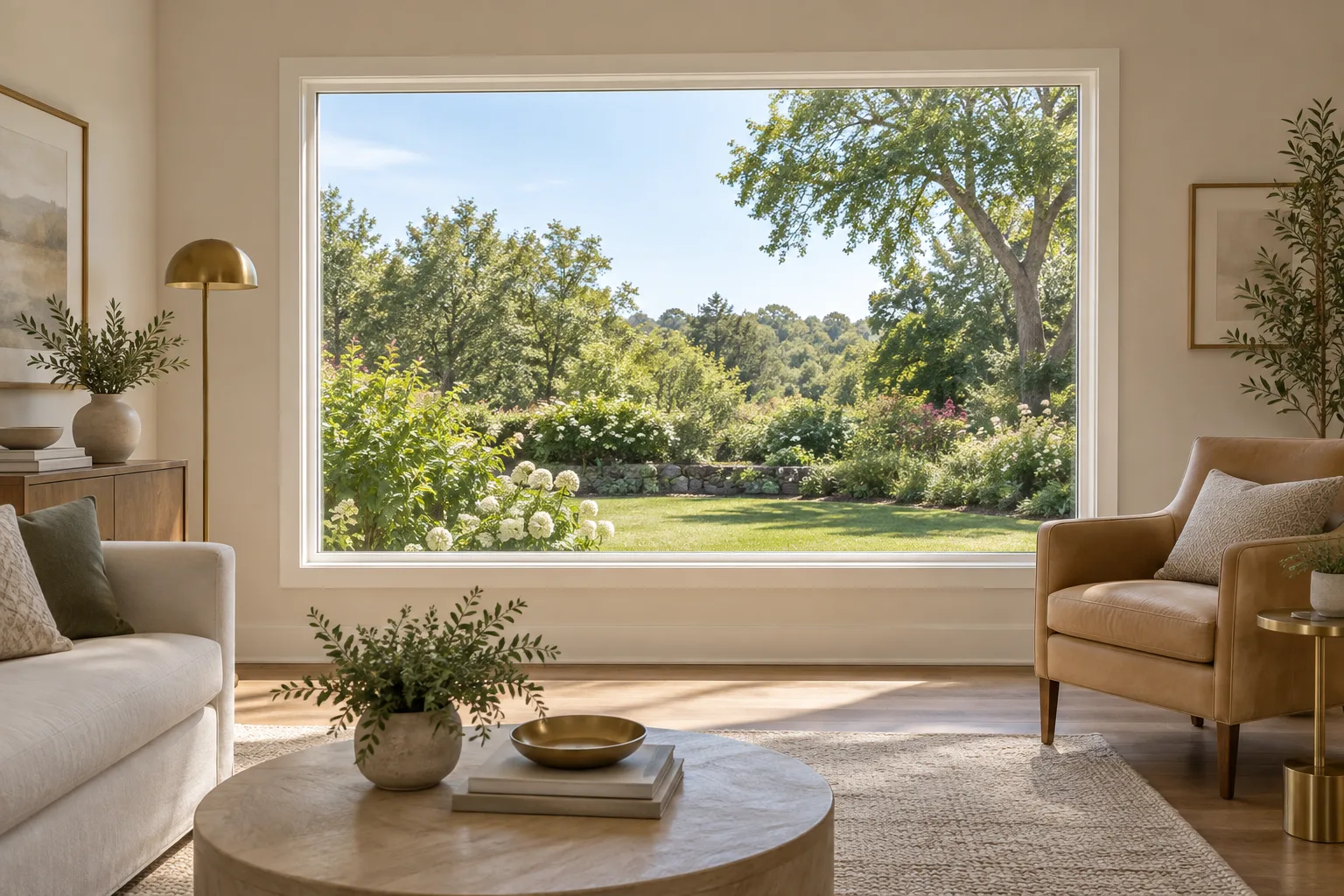 Large fixed picture window framing a garden view in a neutral living room.