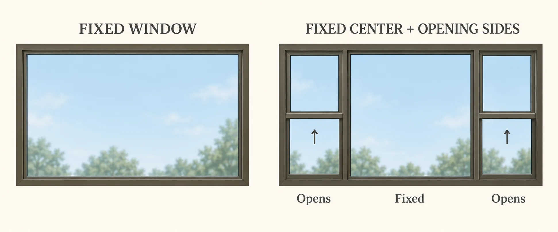 Diagram comparing one fixed window with a fixed center and two opening side windows.