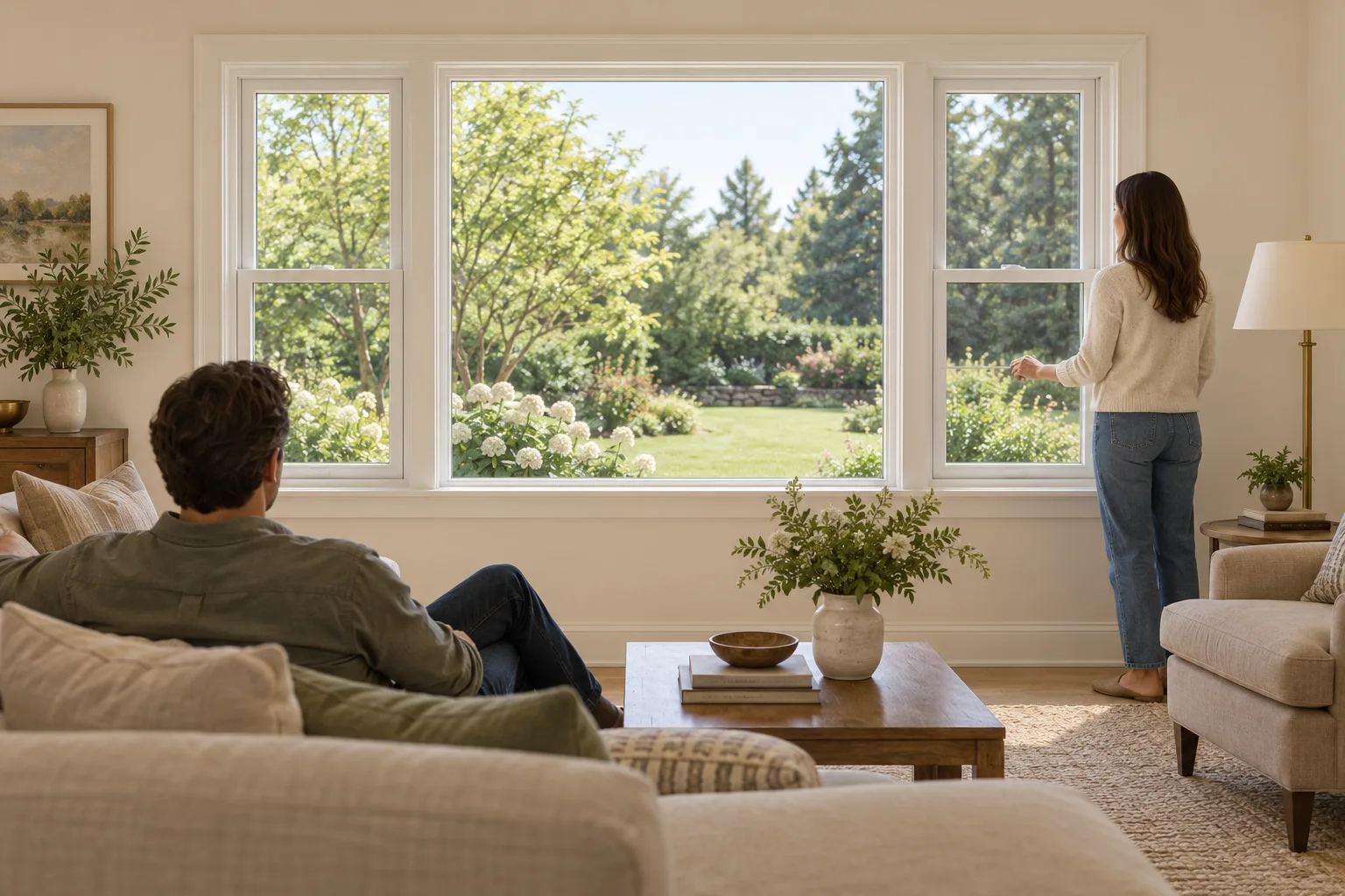 Seated person facing a fixed center window while another person stands beside a side window.