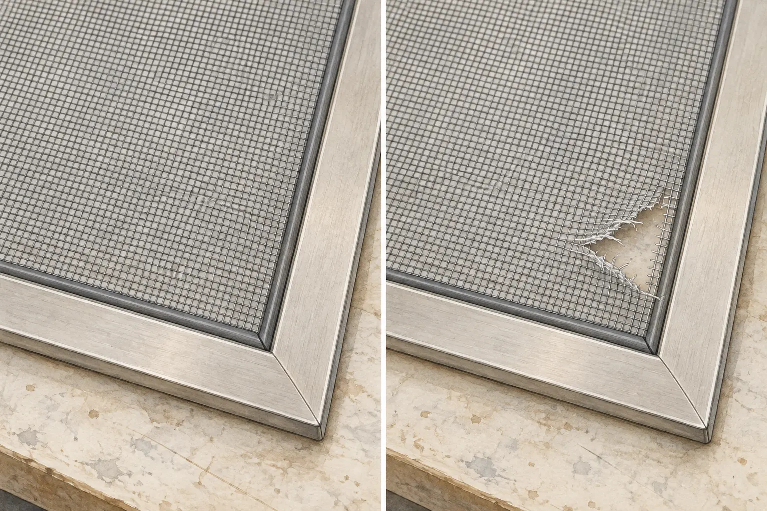 Two screen corners show intact mesh on the left and a ragged tear near the frame on the right.