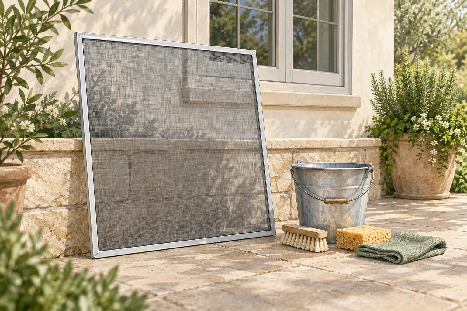 A framed insect screen leans beside a bucket, soft brush, sponge and folded cloth on a patio.