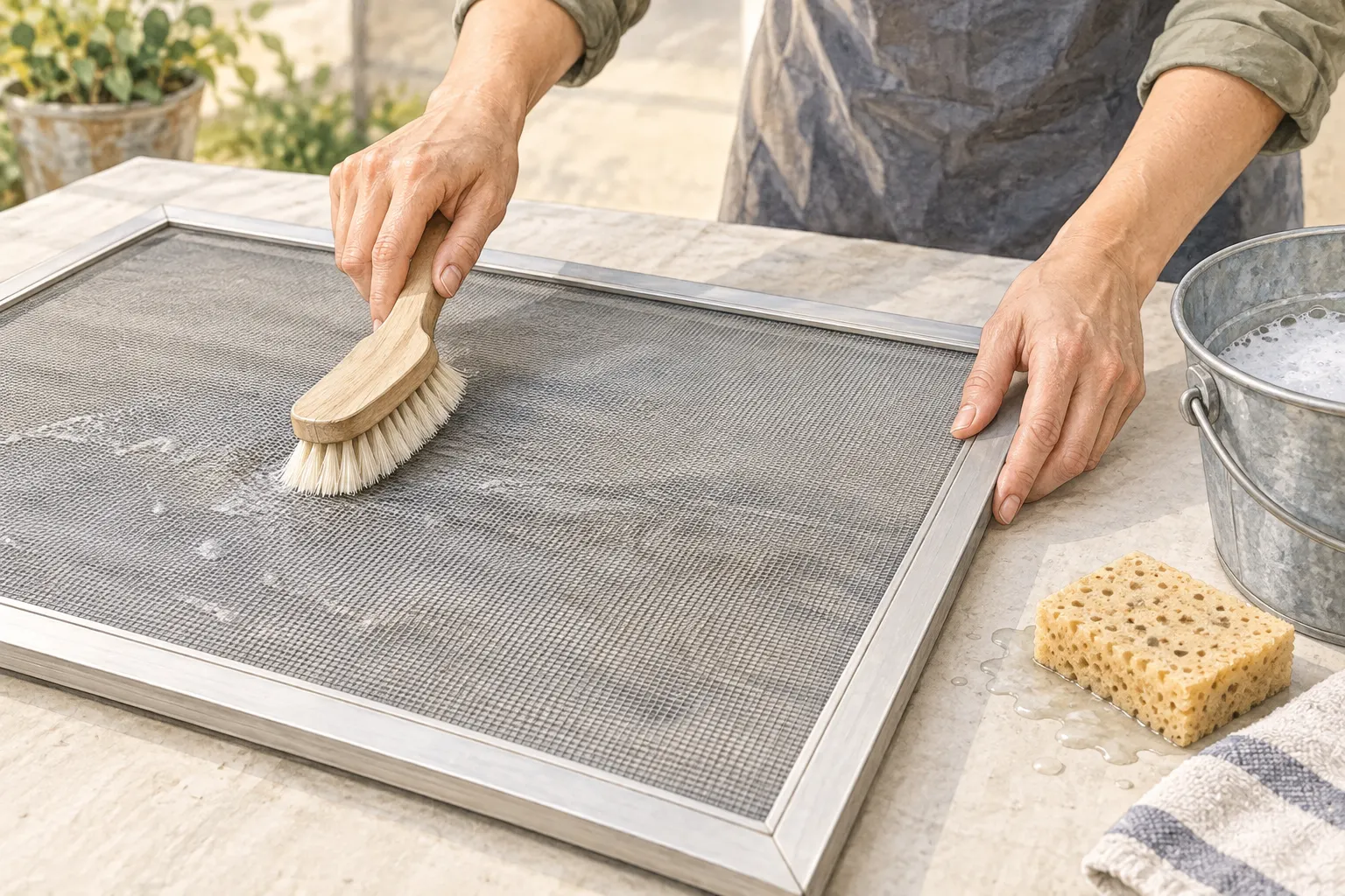A soft brush rests on screen mesh while a second hand steadies the frame on a work surface.