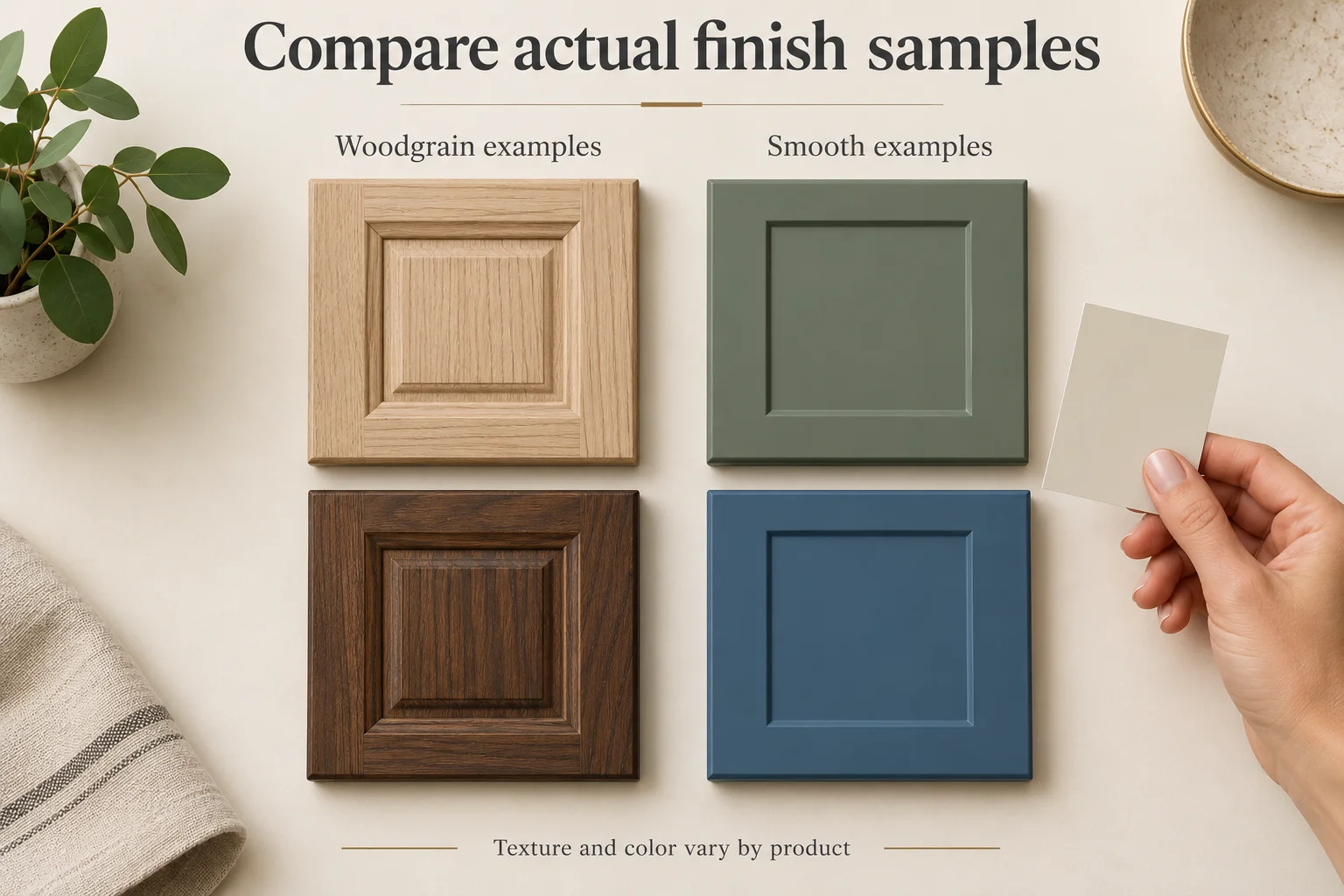 Four woodgrain and smooth painted door samples with a hand holding a neutral color swatch.