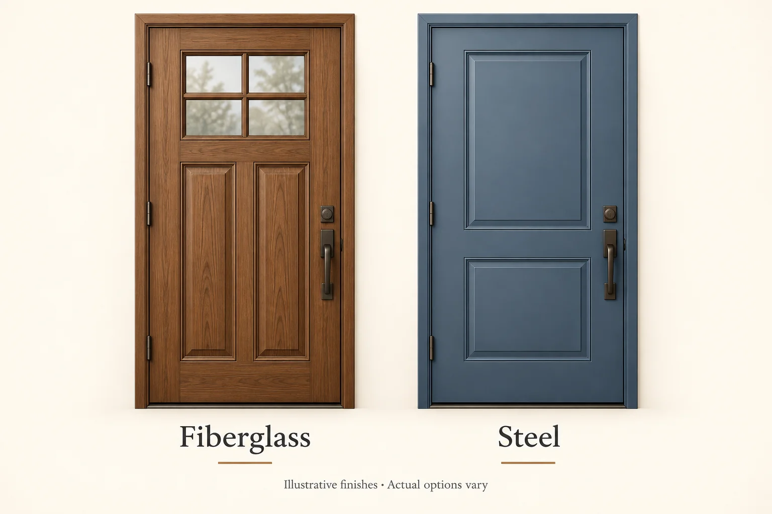 Woodgrain-style fiberglass door beside a smooth blue steel door, labeled as illustrative finishes.