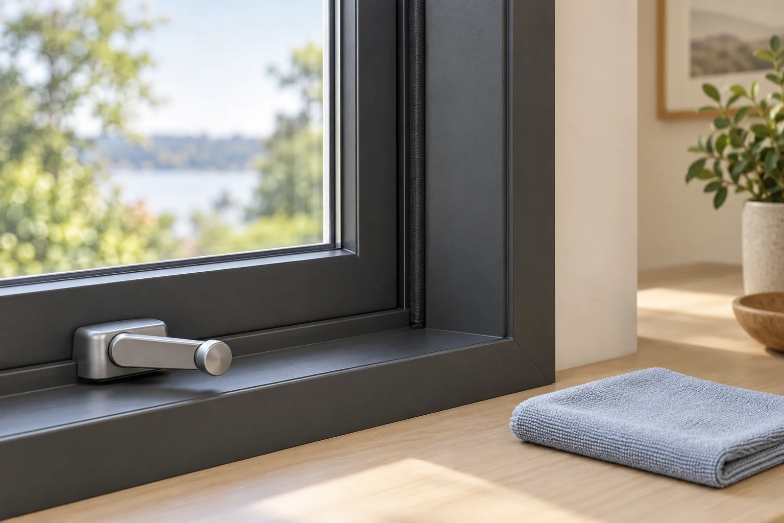 A charcoal window corner shows a handle, weatherstrip seam and folded cleaning cloth nearby.