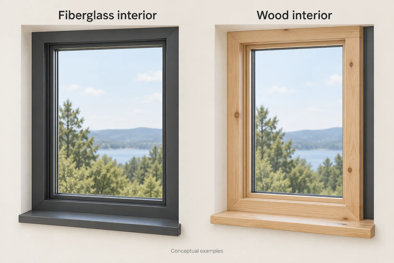 Two conceptual windows compare a smooth charcoal fiberglass interior with a natural wood interior.