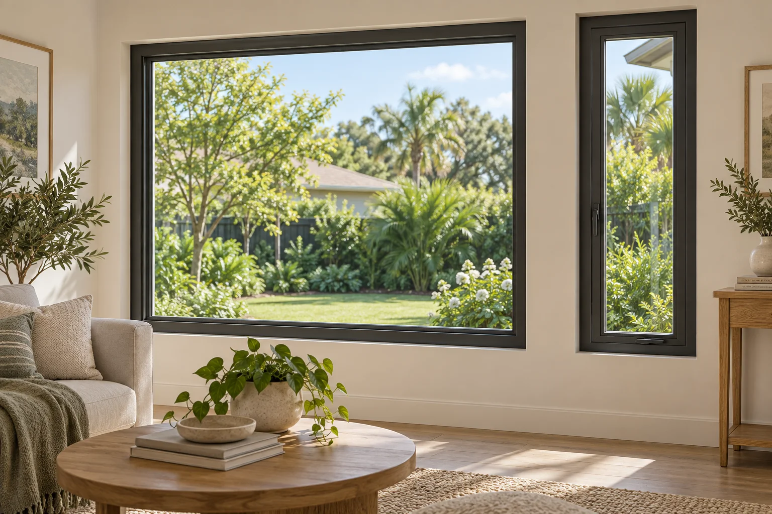 Dark-framed picture and casement windows overlook a garden in a light room.