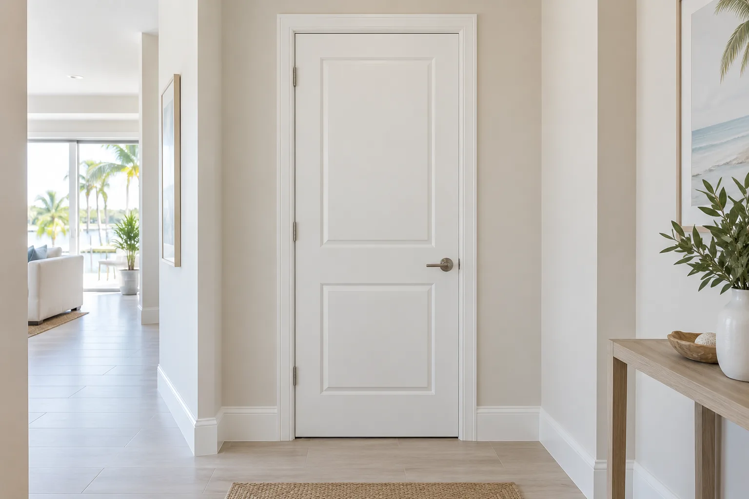 MDF doors in a Lakeland, Florida home hallway with smooth painted panels and matching white trim