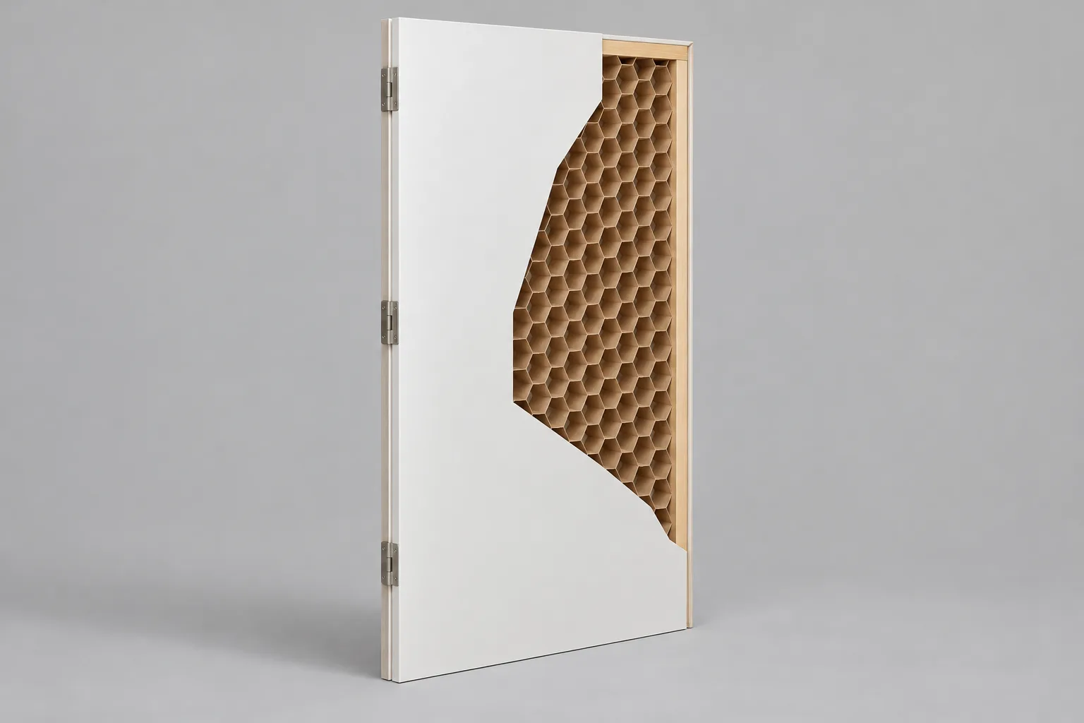 Cutaway view of one flush interior door showing its frame, thin skins, and honeycomb core