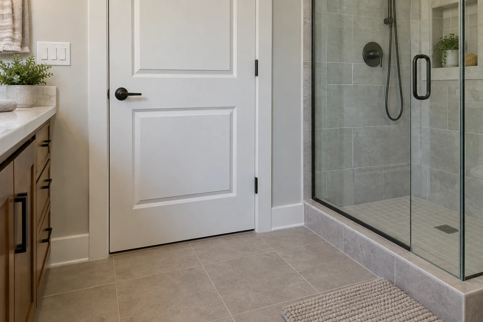 Painted bathroom door with its lower edge kept clear of a wet shower area
