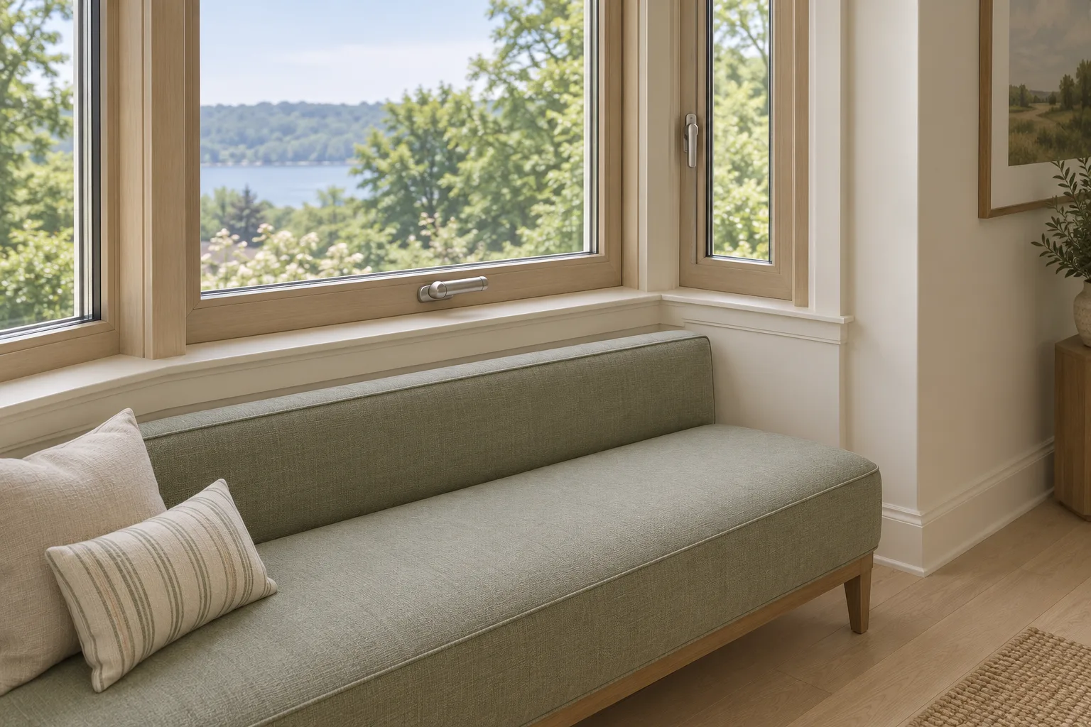 Illustrated window controls above a low upholstered bench, with floor access beside the seat.