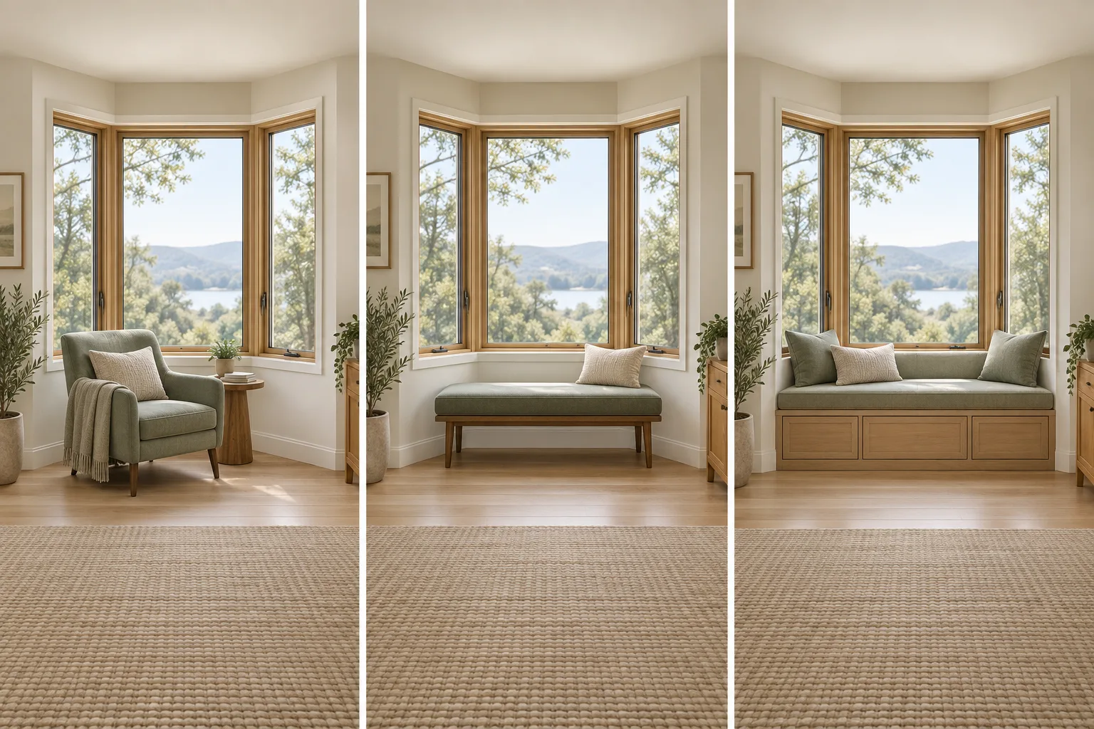 Three illustrated bay alcoves compare an armchair, a freestanding bench and fitted cushioned seating.