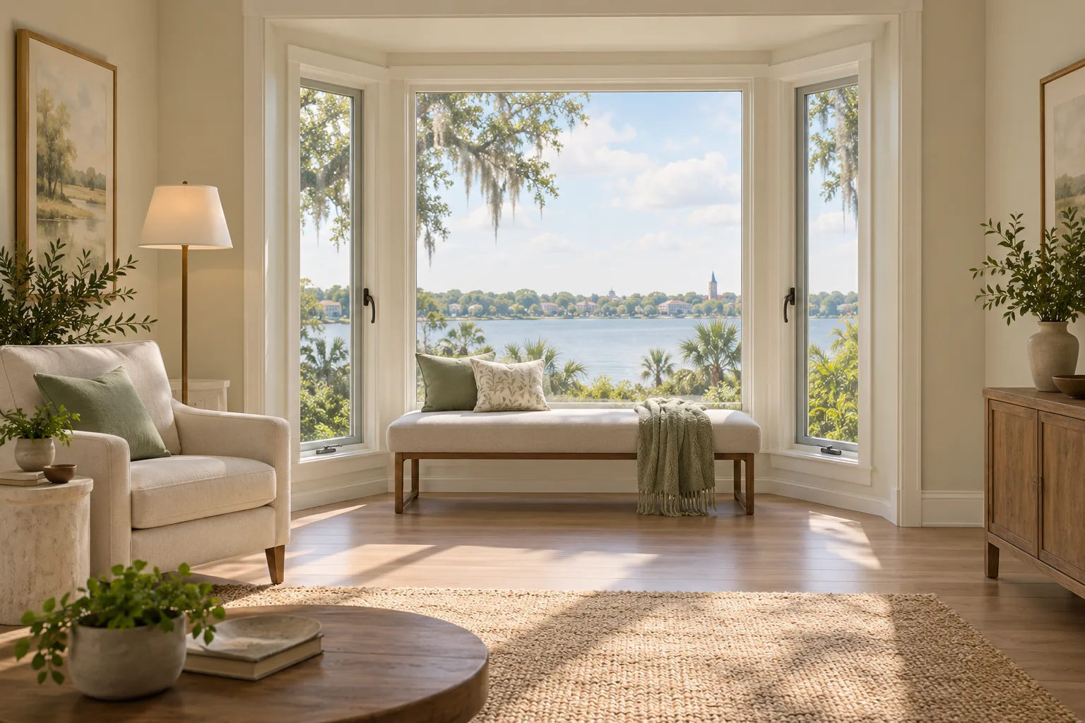 Illustrated bay-window alcove with a freestanding upholstered bench and a nearby armchair.