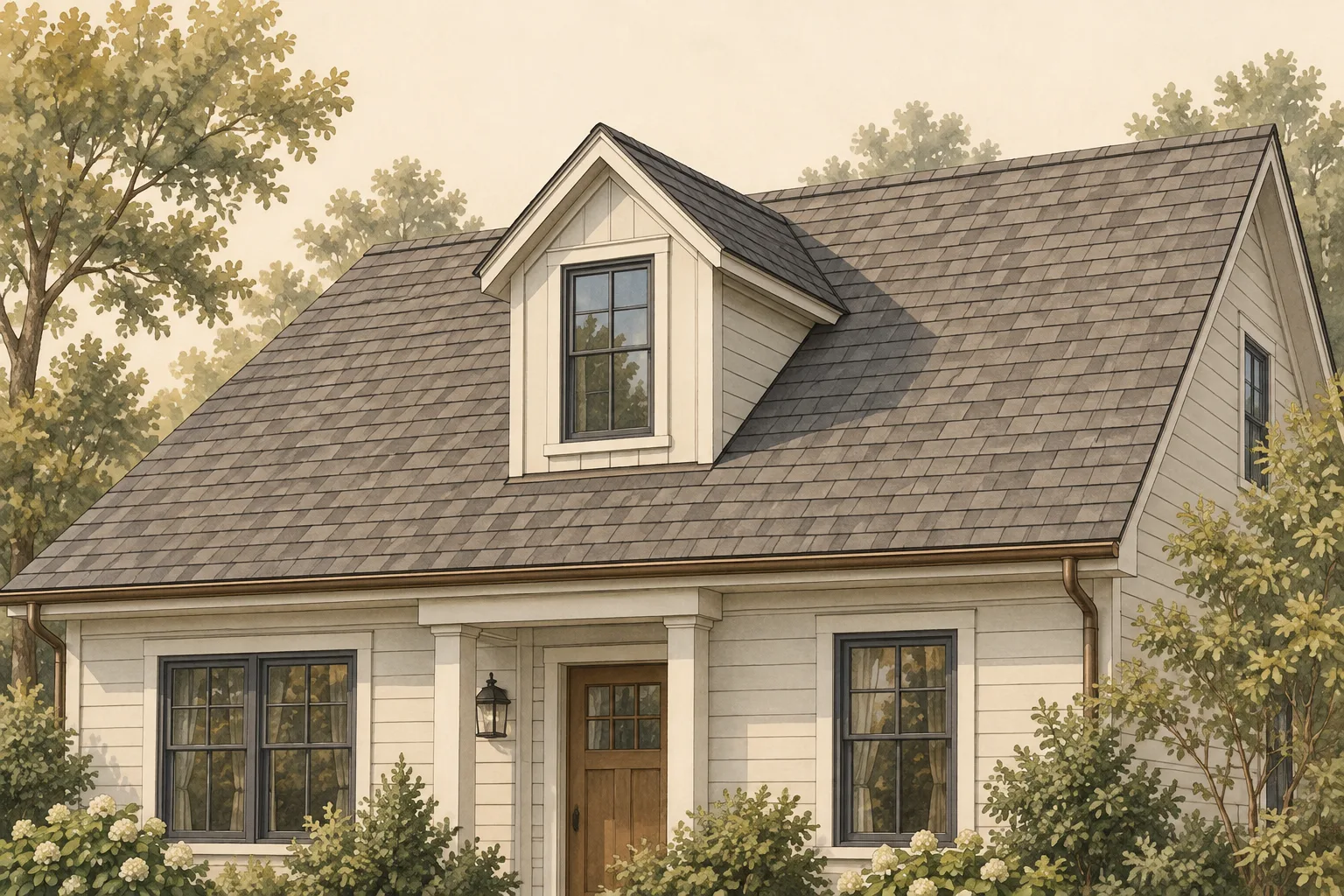 Illustrated house with a gabled dormer projecting from a sloping roof.