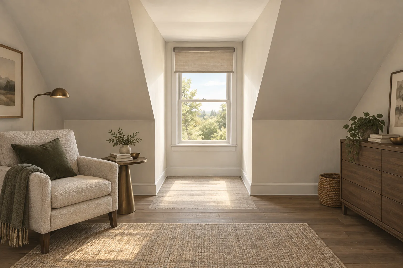 Illustrated upstairs room with a chair beside a clear floor route to a dormer window and shade.