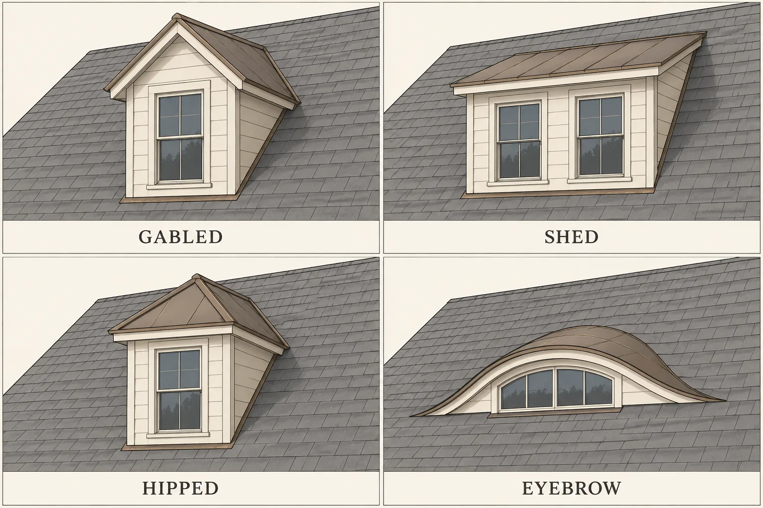 Four labeled illustrations compare gabled, shed, hipped and eyebrow dormer roof shapes.