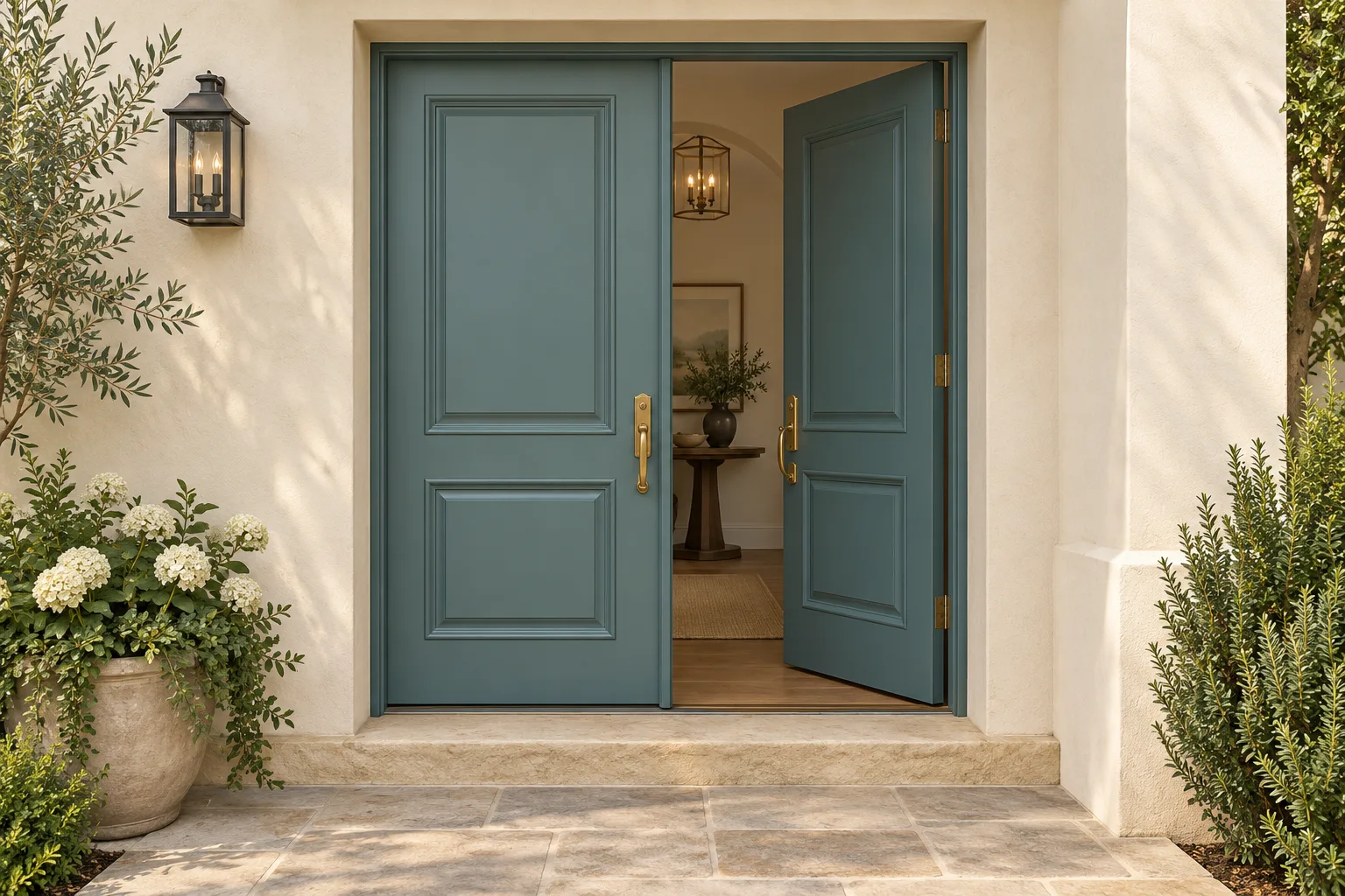 A teal double entry door with its left leaf closed and right leaf partly open.