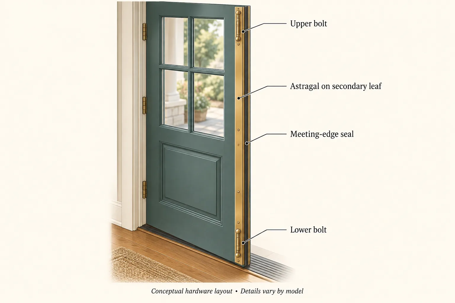 A secondary door leaf with labeled upper and lower bolts, astragal and meeting-edge seal.