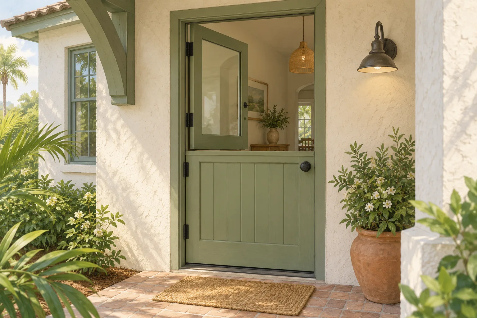 Sage-green Dutch door in a sheltered entrance with its glazed upper half open and lower half closed.