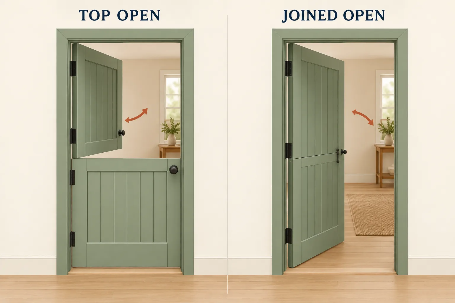 Two Dutch doors compare an open upper half above a closed lower half with both halves joined and open together.