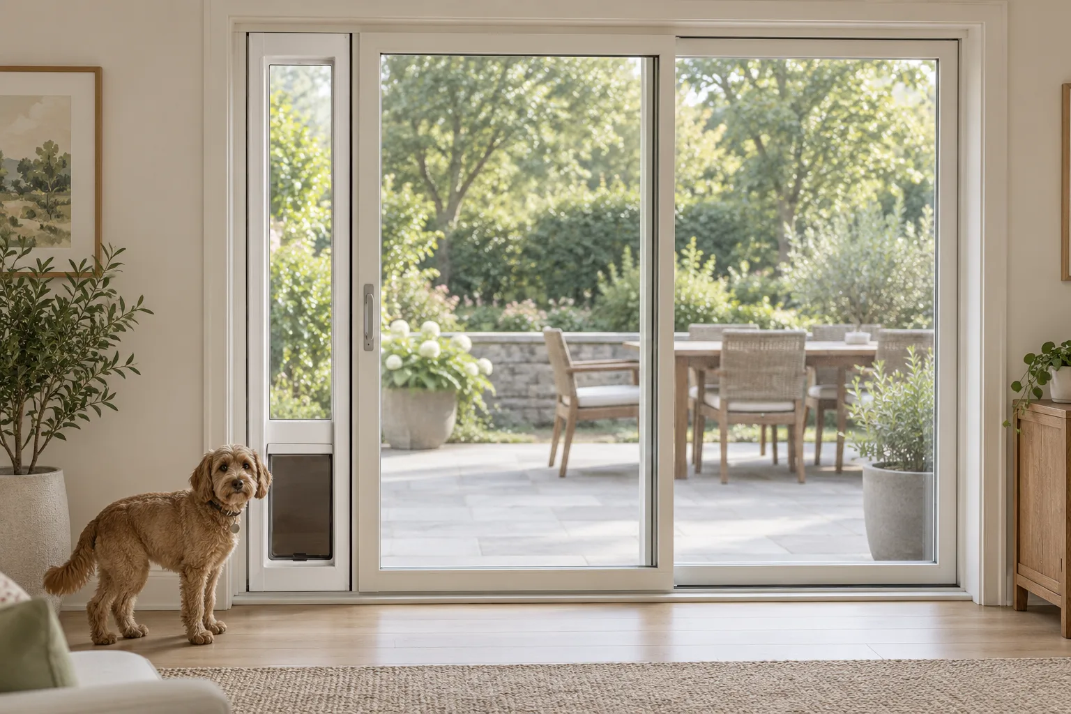 A brown dog beside a narrow pet-door insert at the left side of a closed sliding patio door.