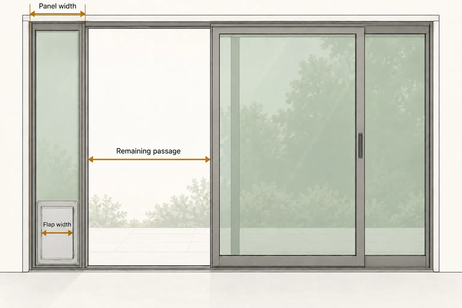 Diagram distinguishing the full pet-panel width, smaller flap width and remaining open walking passage.