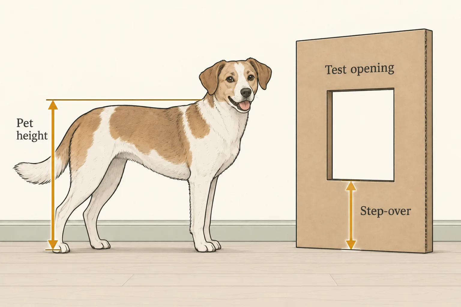 A standing dog beside a cardboard test opening, with pet height and step-over marked separately.