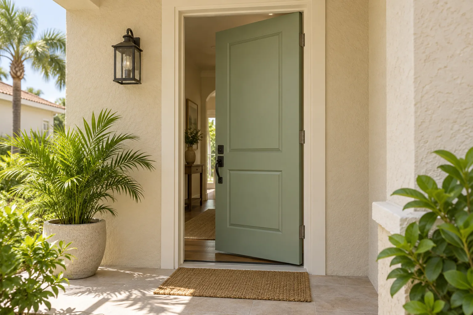 Sage-green entry door slightly open in a cream frame at a sheltered stucco entrance.