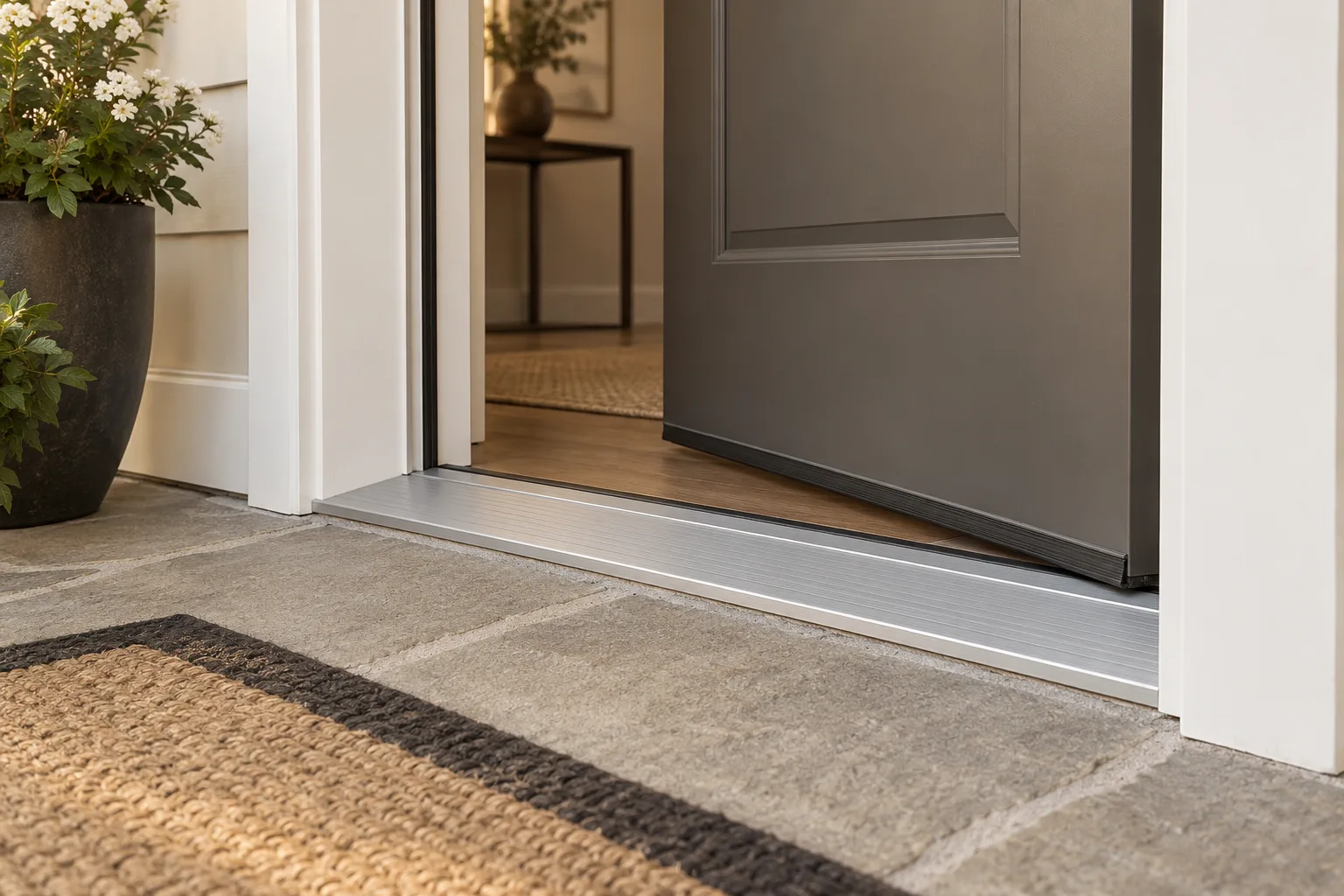 A partly open gray entry door above a silver threshold between white jambs.
