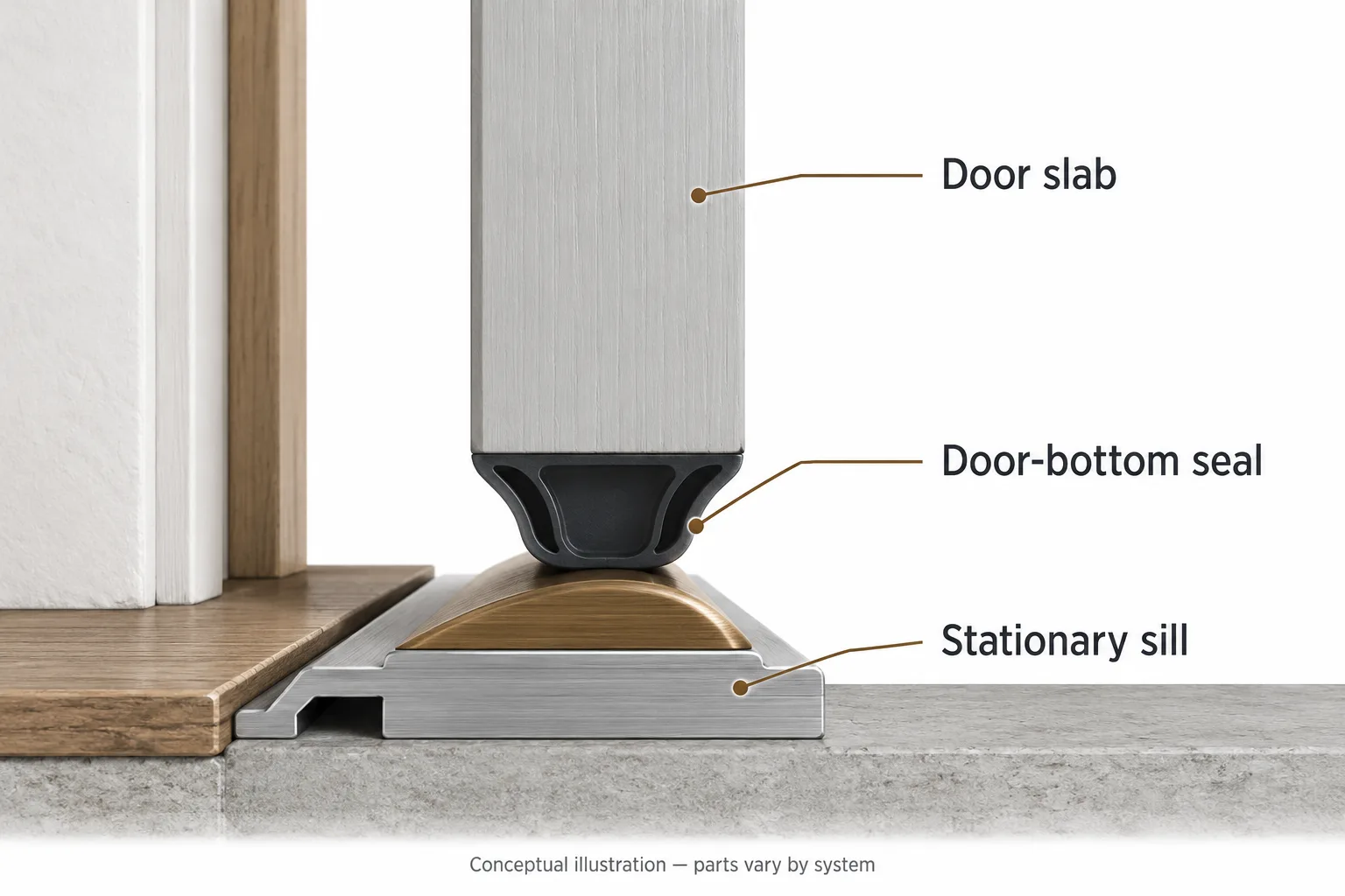 Labeled section showing a door slab, its bottom seal and the stationary sill beneath.