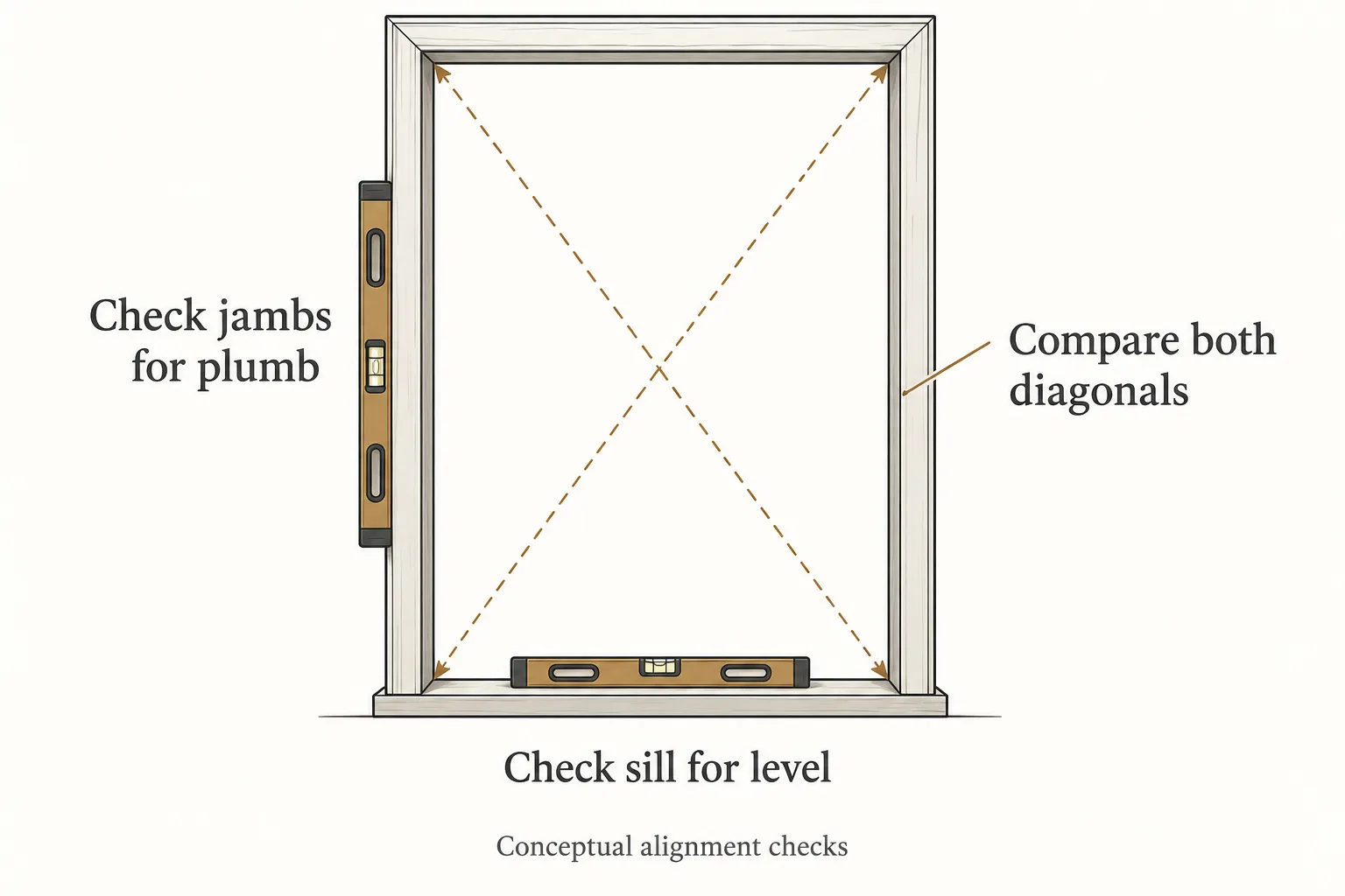 Door frame with a vertical level, a sill level and two corner-to-corner diagonal lines.