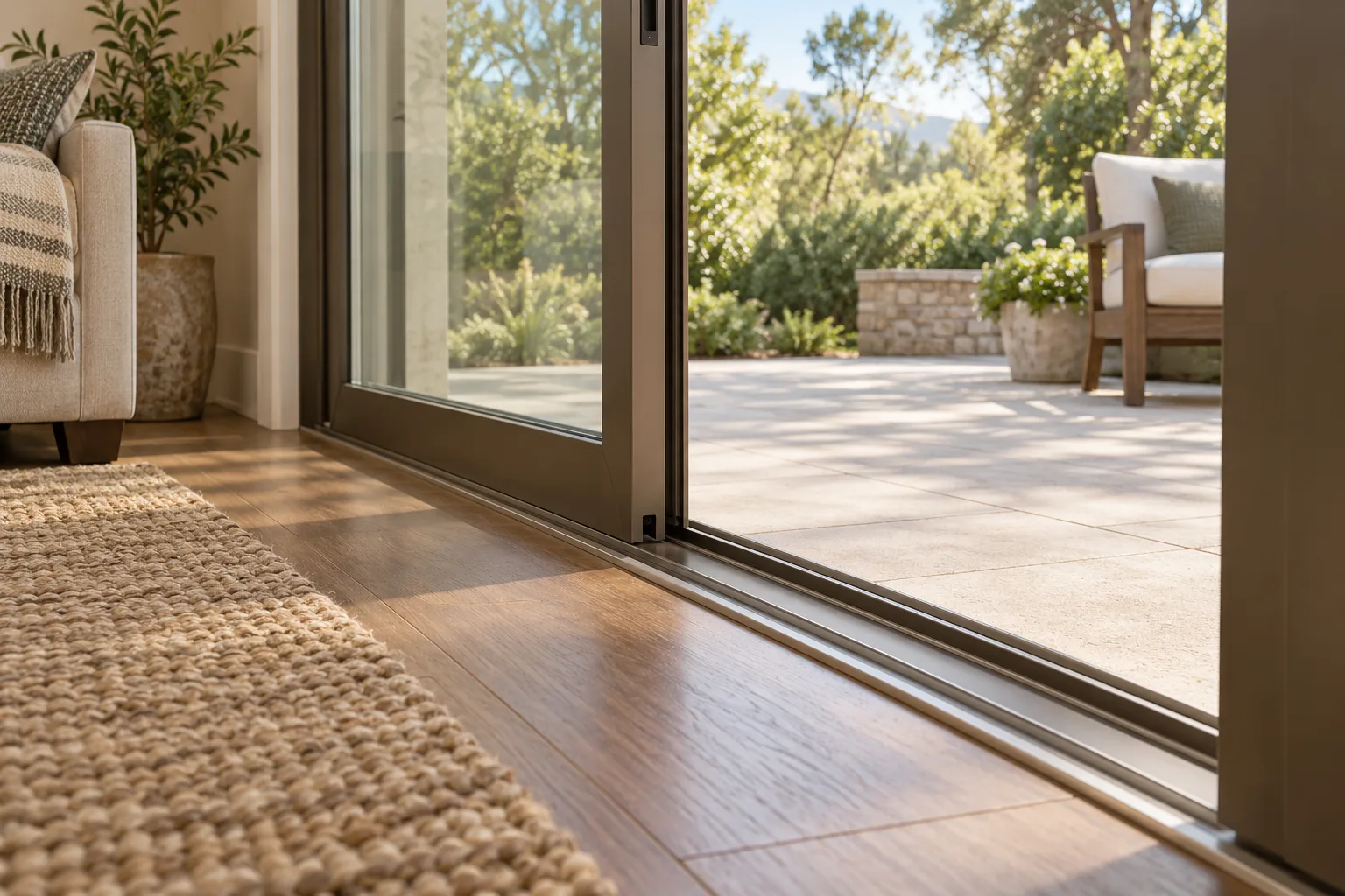 Partly open glass patio door with an exposed bottom track between indoor flooring and a patio.