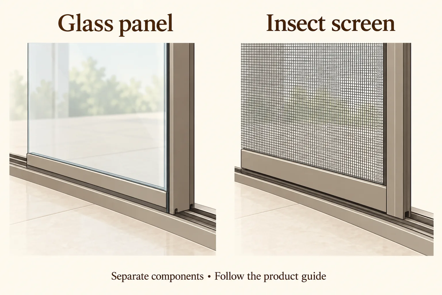 Side-by-side illustrations label a glass panel and an insect screen above their separate tracks.
