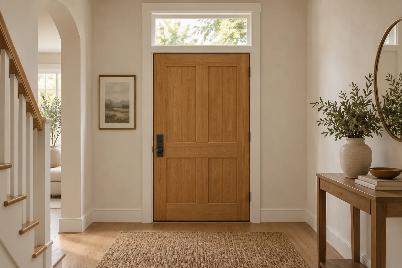 Rectangular transom window above a closed wood door in a softly lit entry hall.
