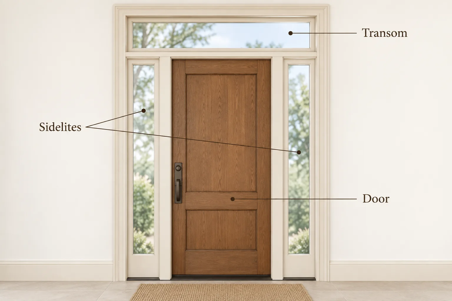 Labeled diagram showing a transom above a door and sidelites beside it.