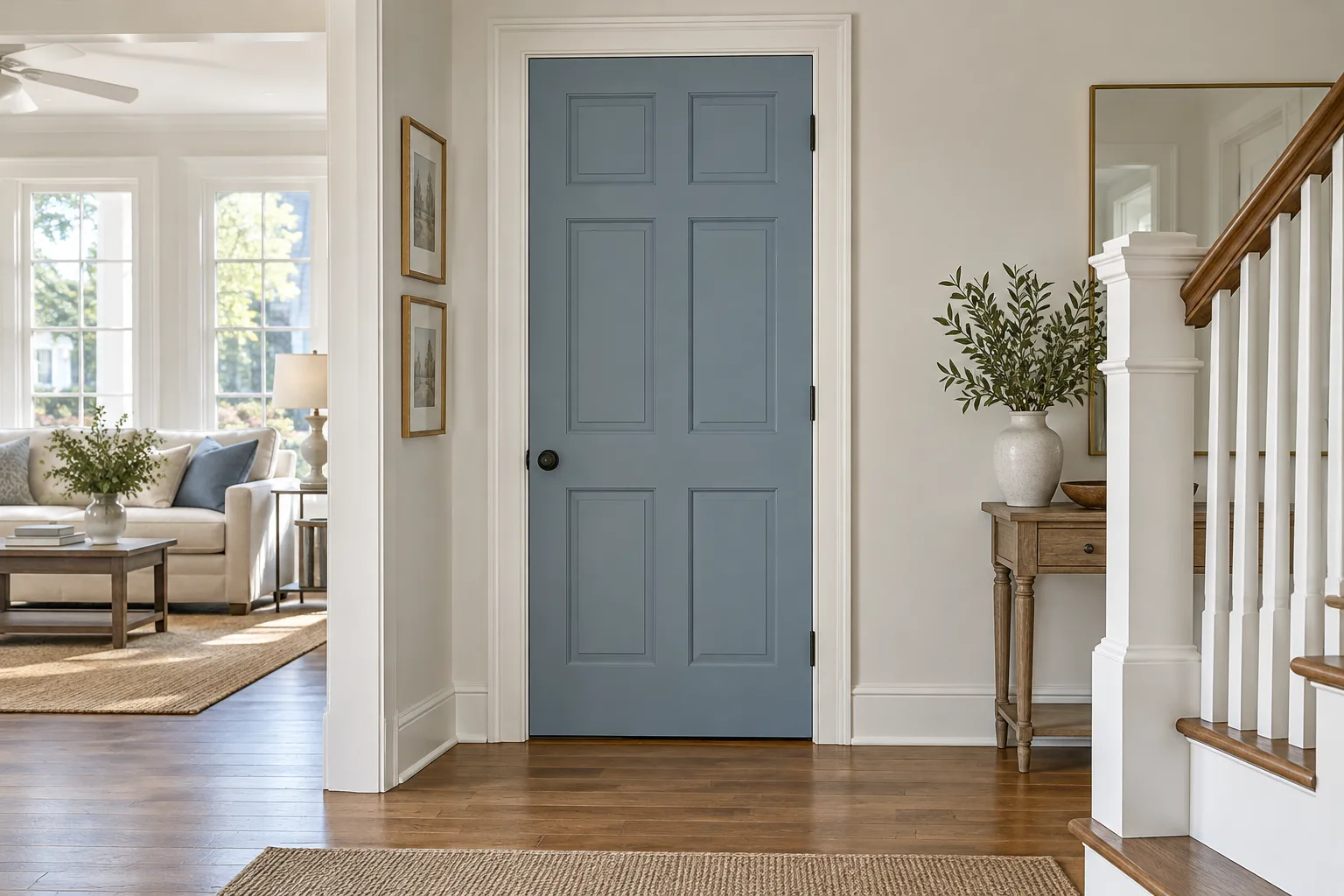 A blue paneled entry door with dark hardware in a bright home foyer, illustrating painting interior doors.