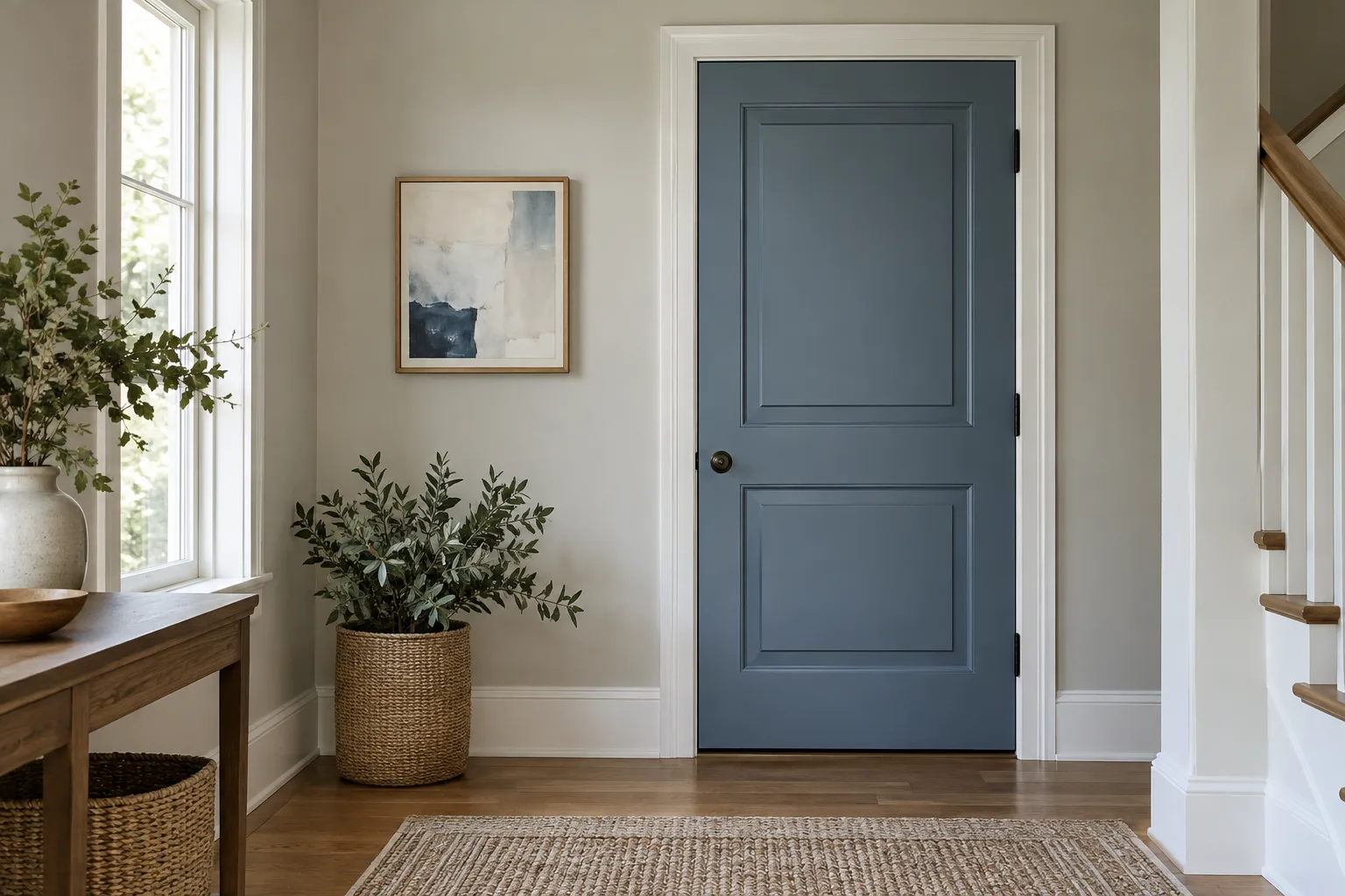 A blue paneled interior door with white trim in a bright entryway beside a window and staircase.