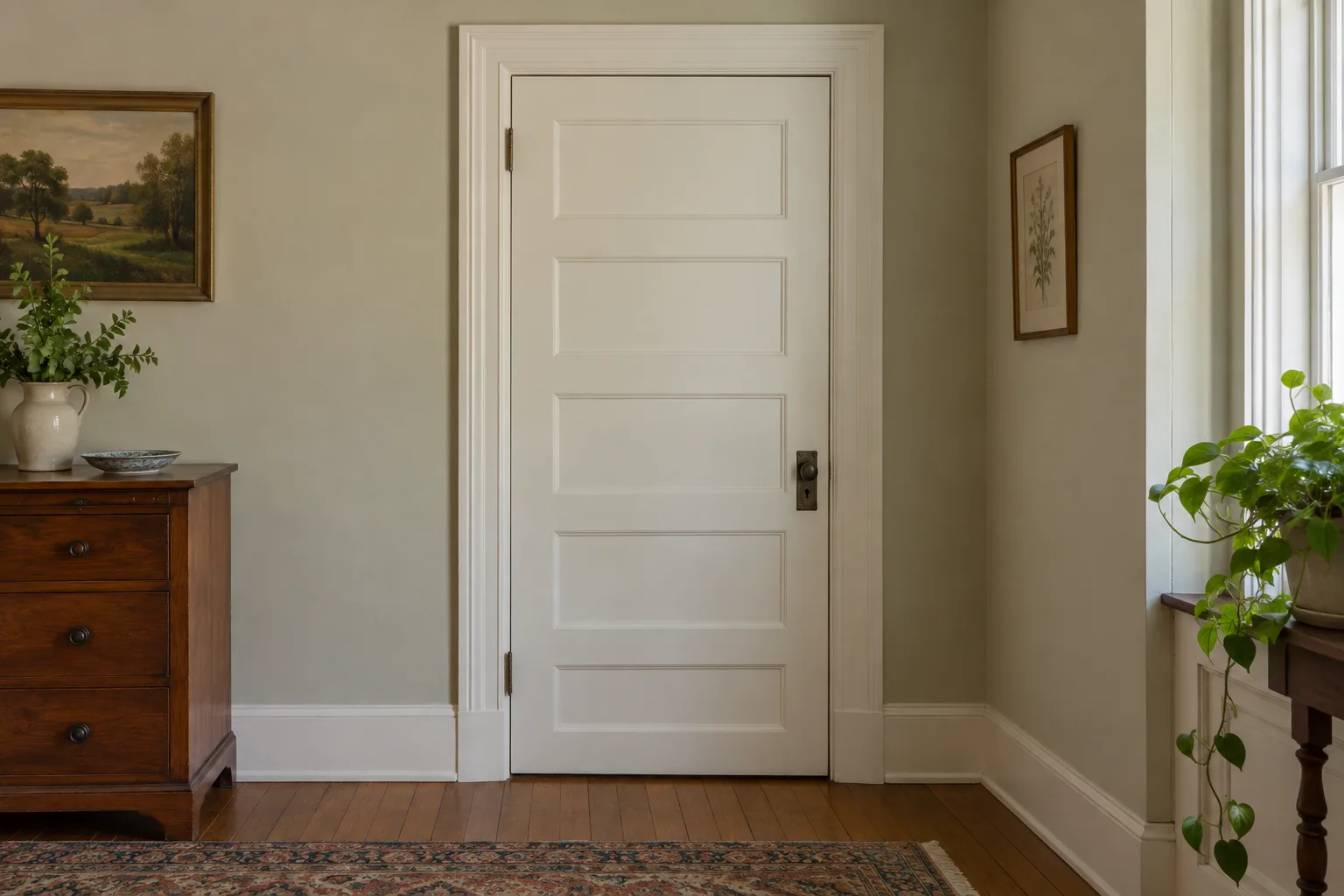 White paneled interior door with dark hardware in a softly lit room beside a window and wooden dresser.