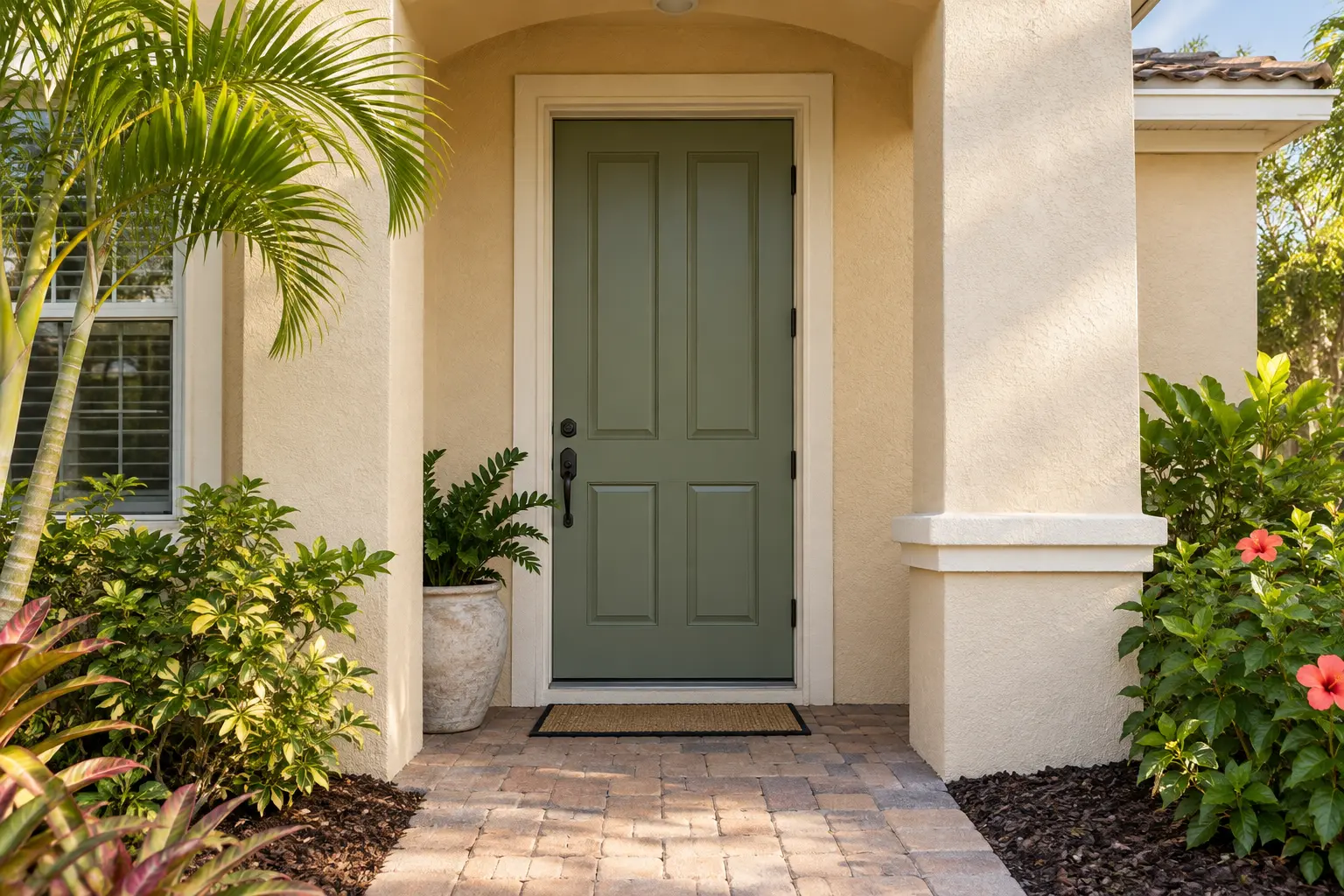 parts of a door: a sage green paneled front door in a cream stucco entry with plants and a paved walkway
