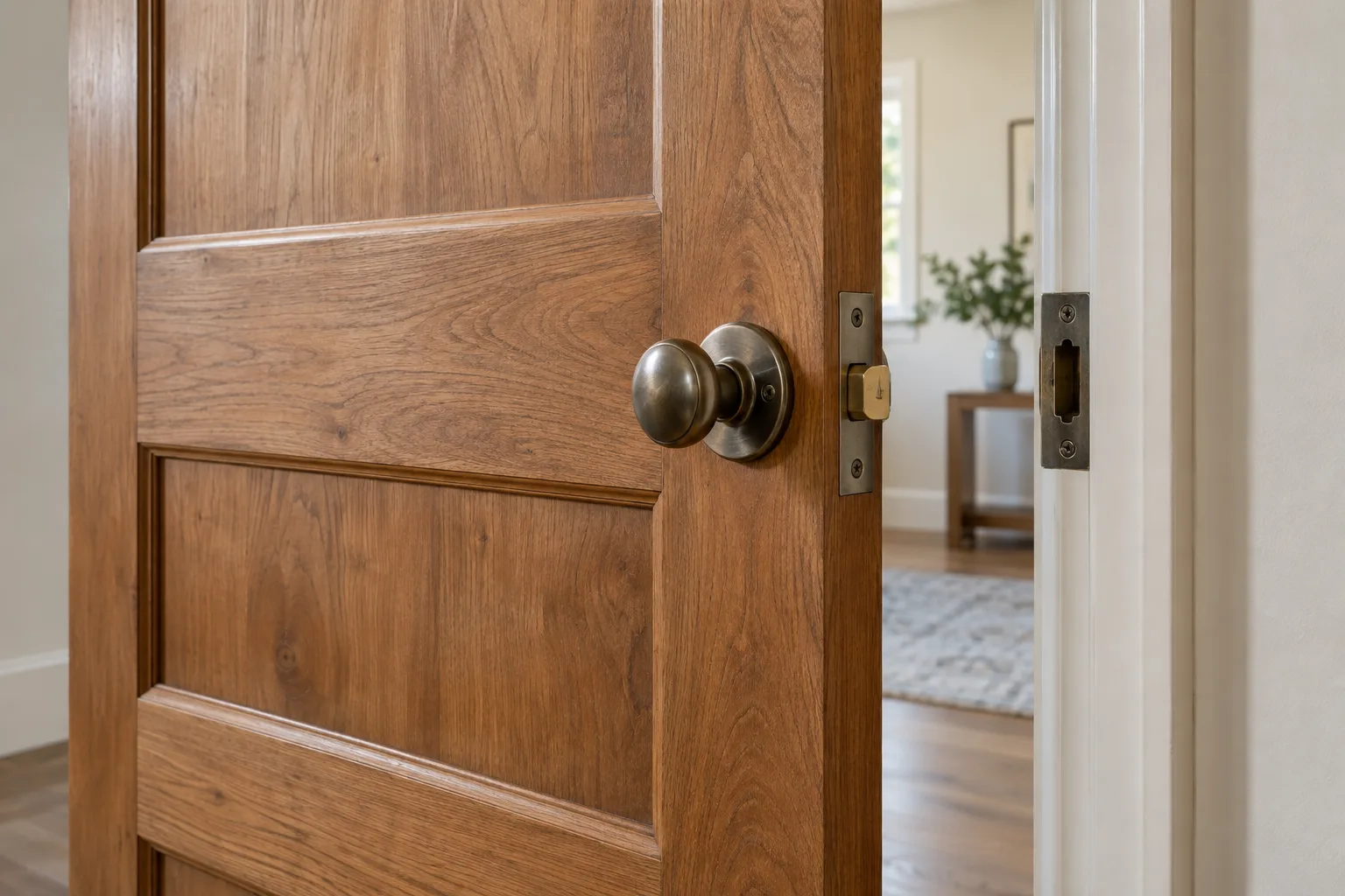 Close view of a partly open wooden paneled door with a round knob, latch, and metal strike plate.