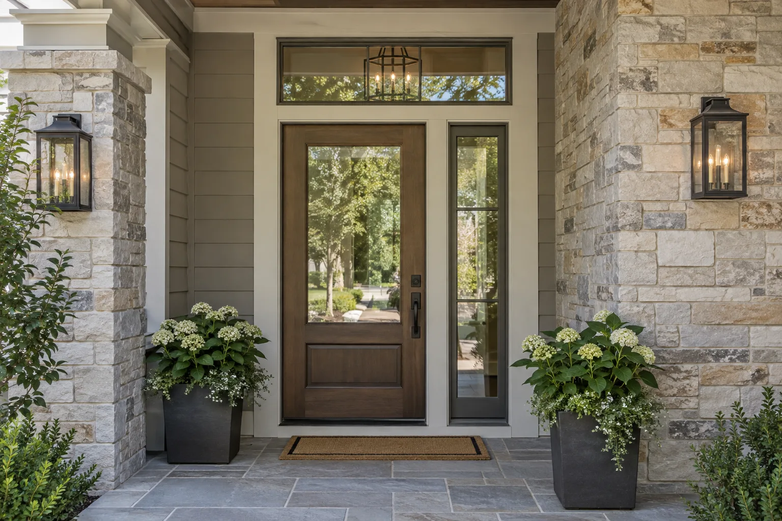 A dark wood front door with a glass panel, sidelight and transom, framed by stone walls and planters.