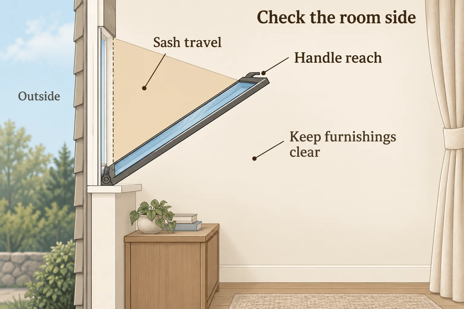 Hopper window side view labels sash travel, handle reach and space to keep furnishings clear.